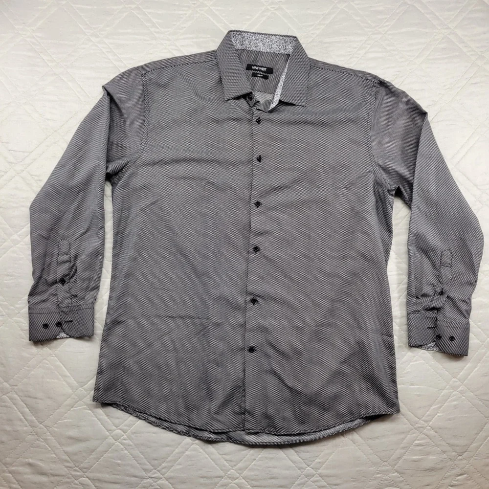 Nine West Slim Fit mens black polka dot long sleeve dress shirt size XL